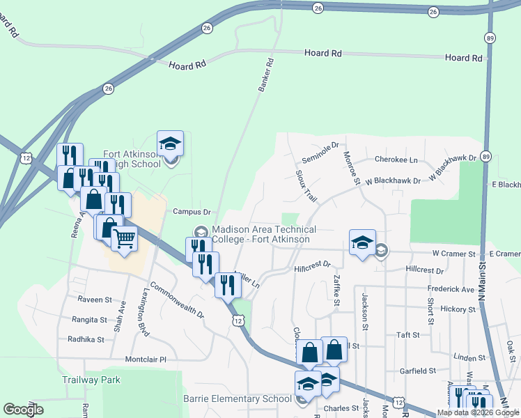 map of restaurants, bars, coffee shops, grocery stores, and more near 1100 McCoy Park Road in Fort Atkinson