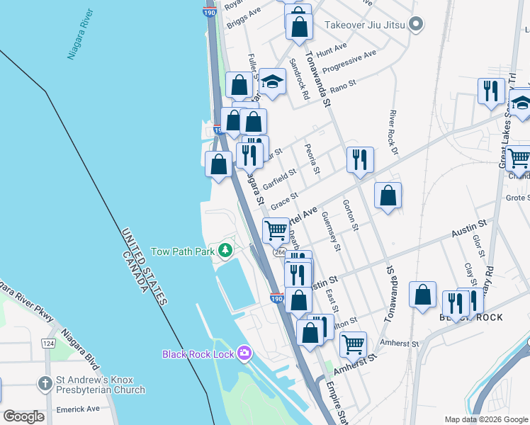 map of restaurants, bars, coffee shops, grocery stores, and more near Niagara St & Grace St in Buffalo