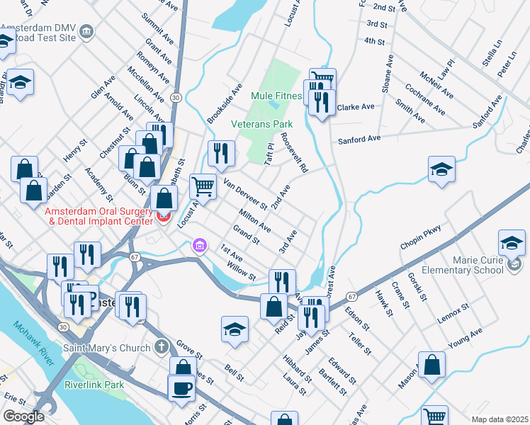 map of restaurants, bars, coffee shops, grocery stores, and more near 39 Van Derveer Street in Amsterdam