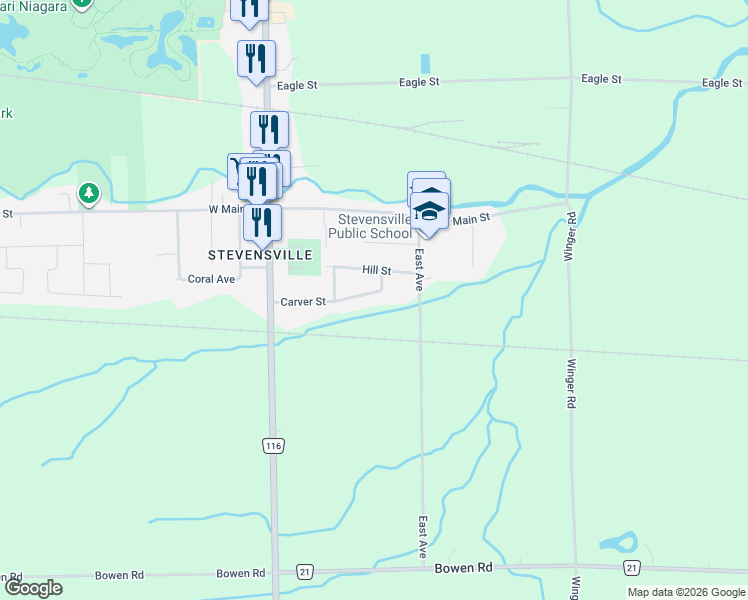 map of restaurants, bars, coffee shops, grocery stores, and more near 3578 Carver Street in Fort Erie