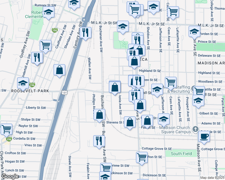 map of restaurants, bars, coffee shops, grocery stores, and more near 125 Hall Street Southwest in Grand Rapids