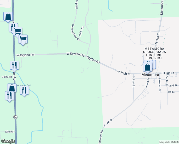 map of restaurants, bars, coffee shops, grocery stores, and more near 3995 Bluebird Lane in Metamora
