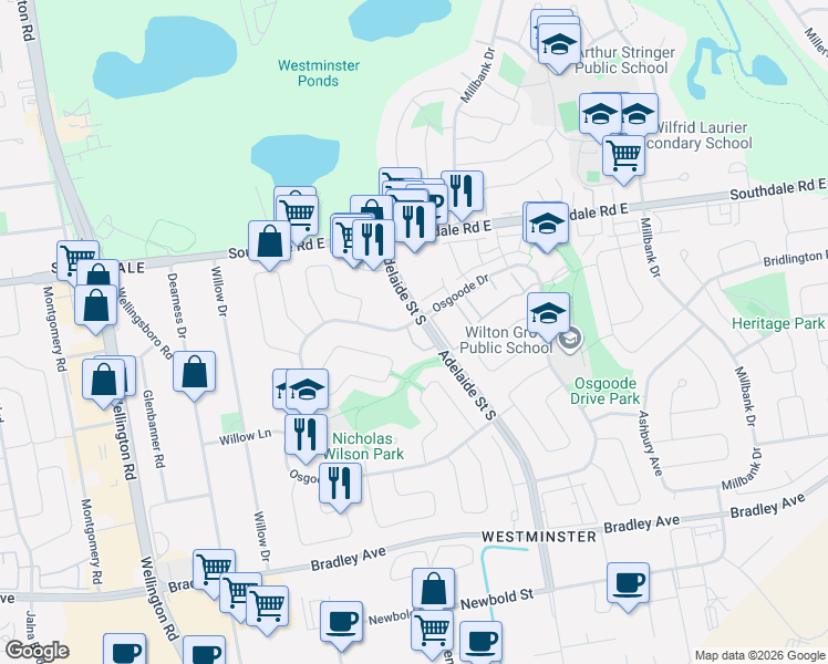 map of restaurants, bars, coffee shops, grocery stores, and more near 801 Osgoode Drive in London
