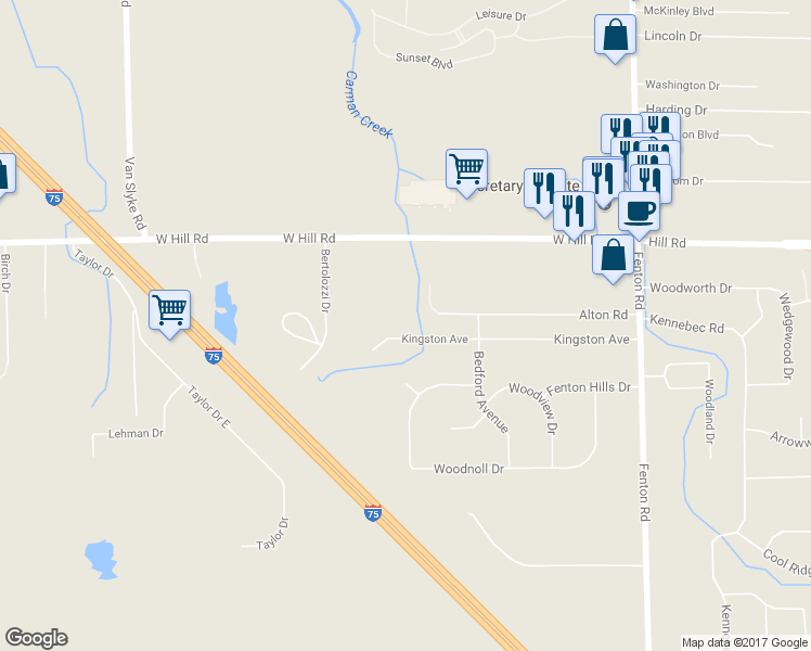 map of restaurants, bars, coffee shops, grocery stores, and more near 1250 Kingston Avenue in Flint