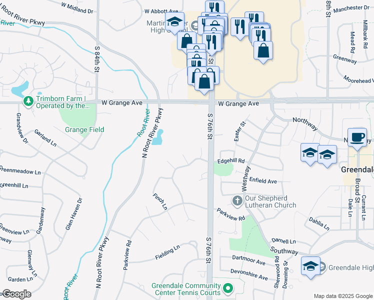 map of restaurants, bars, coffee shops, grocery stores, and more near 5670 Frances Court in Greendale