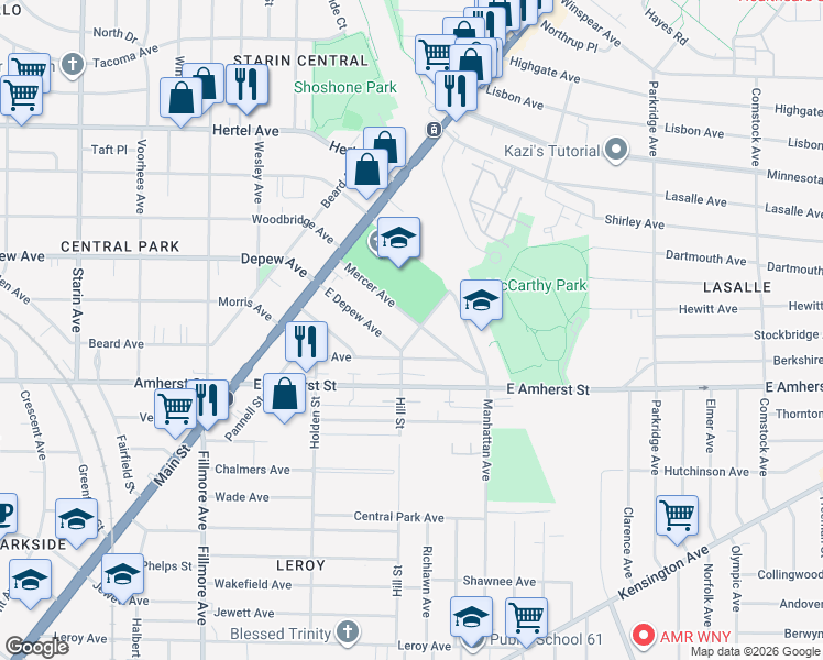 map of restaurants, bars, coffee shops, grocery stores, and more near 105 Mercer Avenue in Buffalo