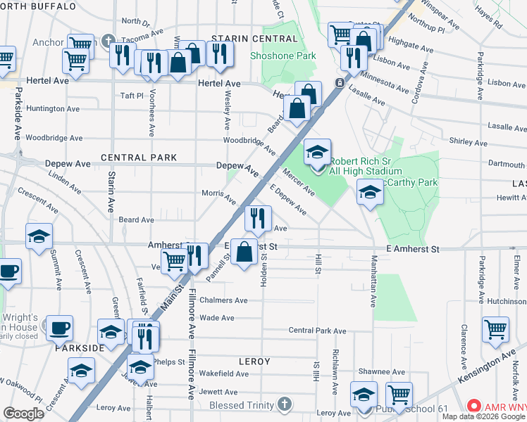 map of restaurants, bars, coffee shops, grocery stores, and more near 2773 Main Street in Buffalo