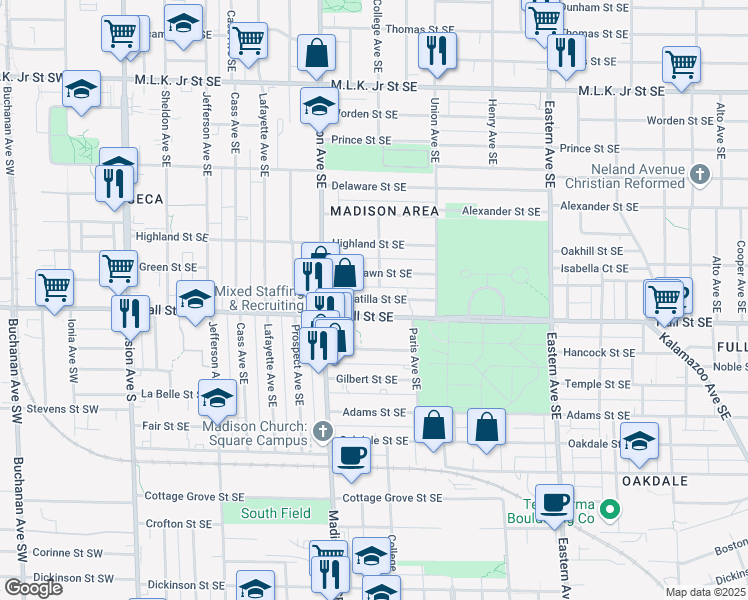map of restaurants, bars, coffee shops, grocery stores, and more near 456 Umatilla Street Southeast in Grand Rapids