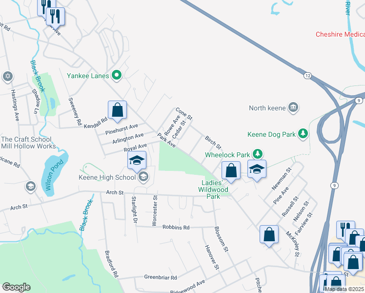 map of restaurants, bars, coffee shops, grocery stores, and more near 15 Needle Street in Keene