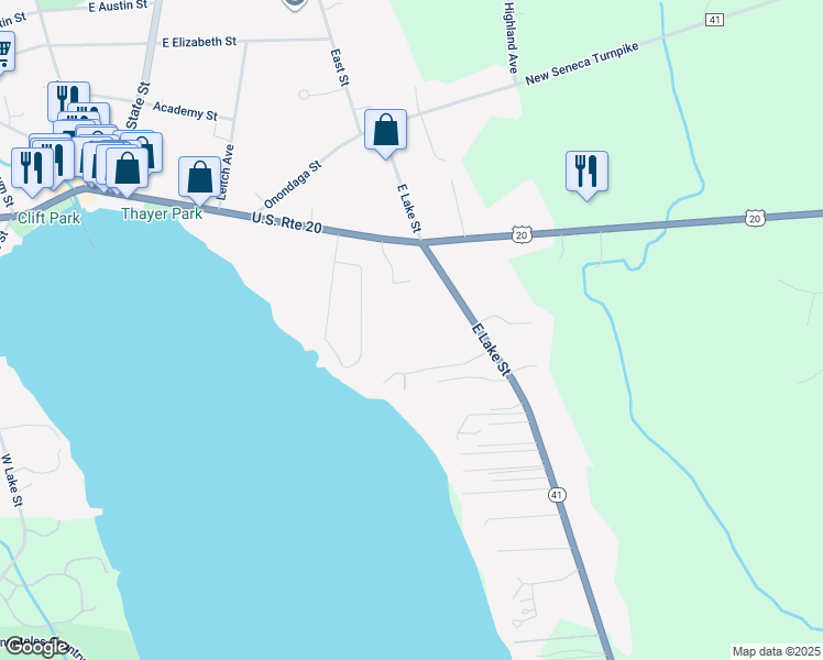 map of restaurants, bars, coffee shops, grocery stores, and more near 62 West Lake Street in Skaneateles