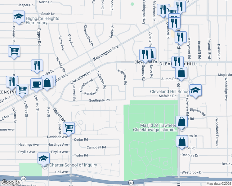 map of restaurants, bars, coffee shops, grocery stores, and more near 34 Furlong Road in Buffalo