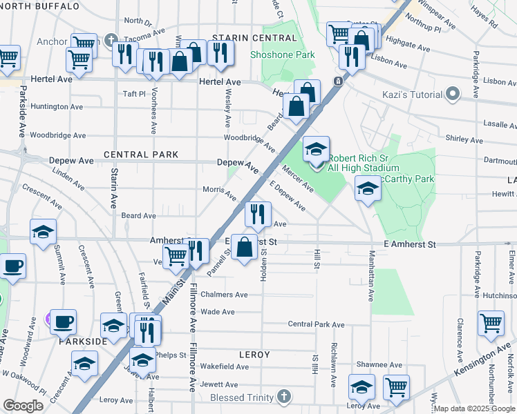 map of restaurants, bars, coffee shops, grocery stores, and more near 2773 Main Street in Buffalo