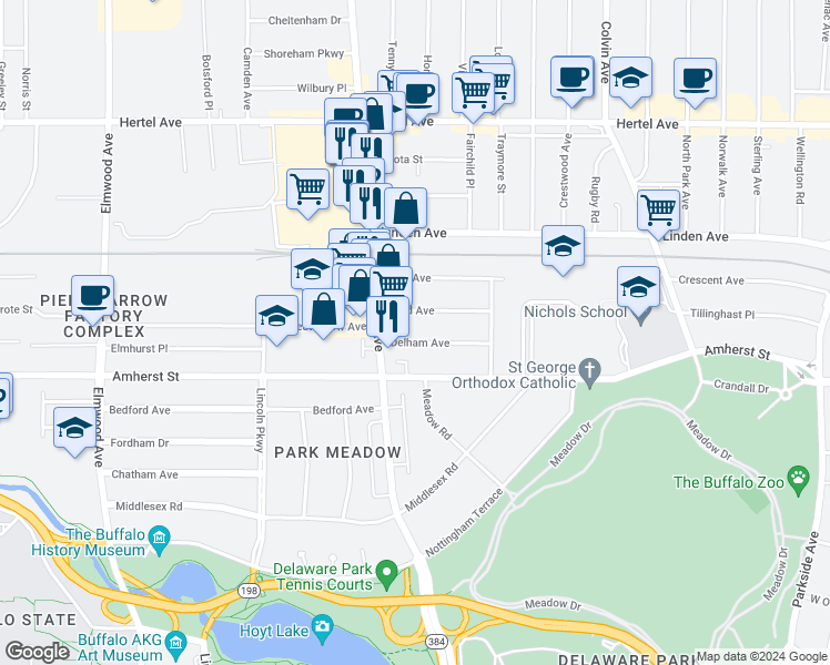 map of restaurants, bars, coffee shops, grocery stores, and more near 21 Rand Avenue in Buffalo