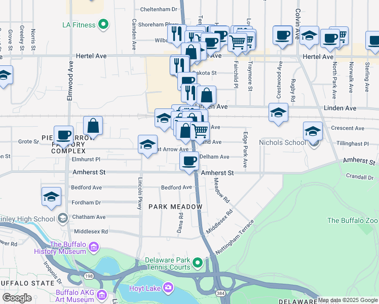 map of restaurants, bars, coffee shops, grocery stores, and more near 2130 Delaware Avenue in Buffalo