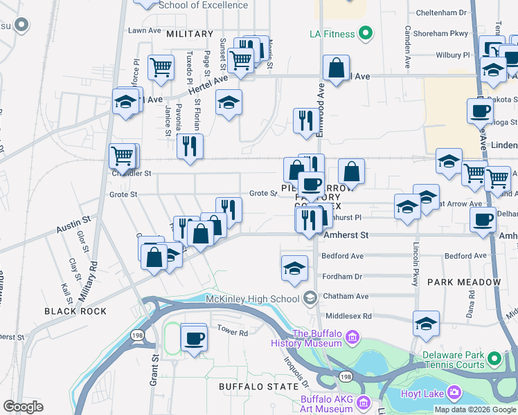 map of restaurants, bars, coffee shops, grocery stores, and more near 259 Grote Street in Buffalo