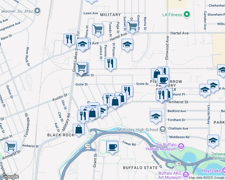 map of restaurants, bars, coffee shops, grocery stores, and more near 80 Reservation Street in Buffalo