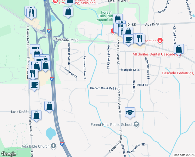 map of restaurants, bars, coffee shops, grocery stores, and more near 1157 Medical Park Drive Southeast in Grand Rapids