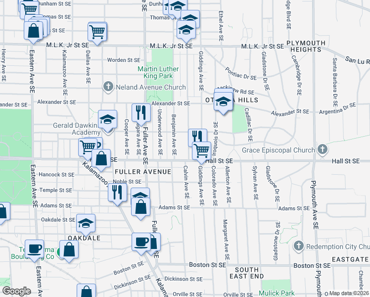 map of restaurants, bars, coffee shops, grocery stores, and more near 1128 Benjamin Avenue Southeast in Grand Rapids