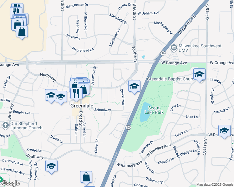 map of restaurants, bars, coffee shops, grocery stores, and more near 5607 Badger Court in Greendale