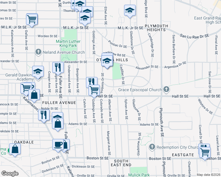 map of restaurants, bars, coffee shops, grocery stores, and more near 1133 West Chippewa Drive Southeast in Grand Rapids