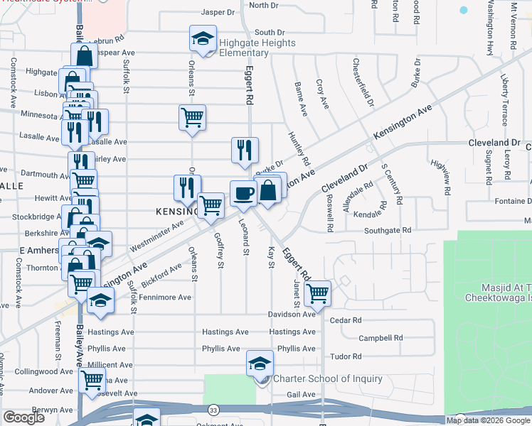 map of restaurants, bars, coffee shops, grocery stores, and more near 1461 Kensington Avenue in Buffalo
