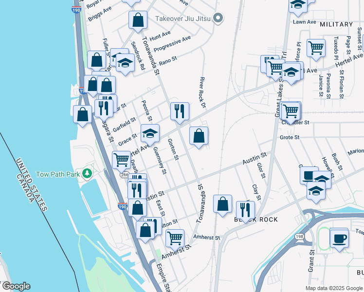 map of restaurants, bars, coffee shops, grocery stores, and more near 466 Tonawanda Street in Buffalo