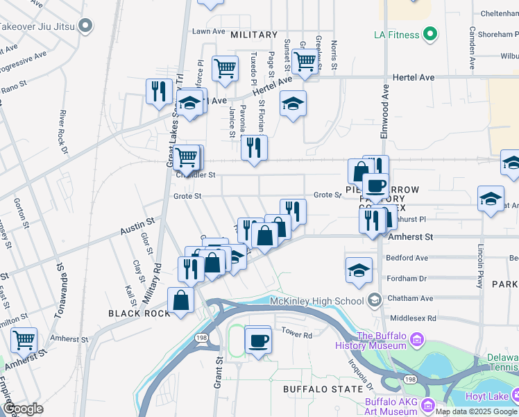 map of restaurants, bars, coffee shops, grocery stores, and more near 80 Reservation Street in Buffalo