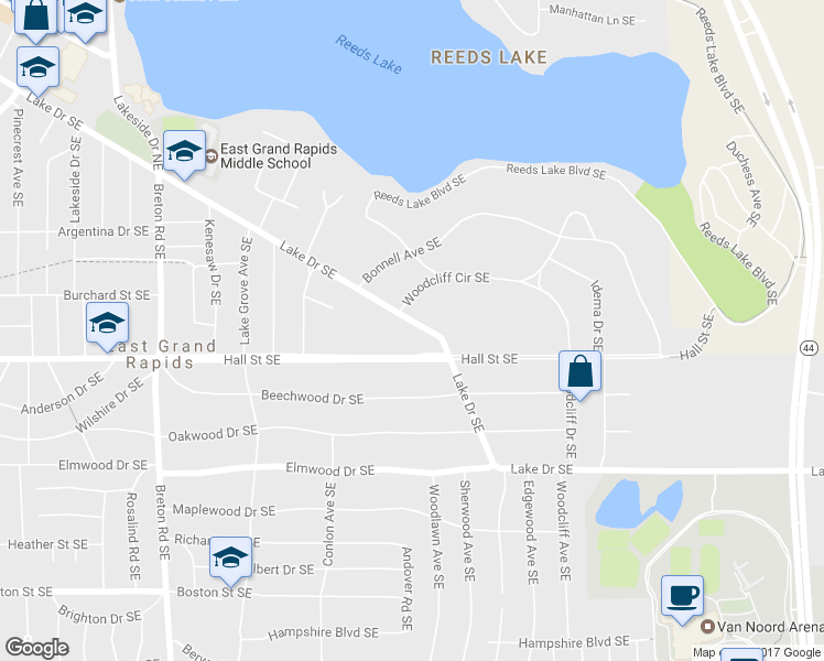 map of restaurants, bars, coffee shops, grocery stores, and more near 2760 Lake Drive Southeast in East Grand Rapids