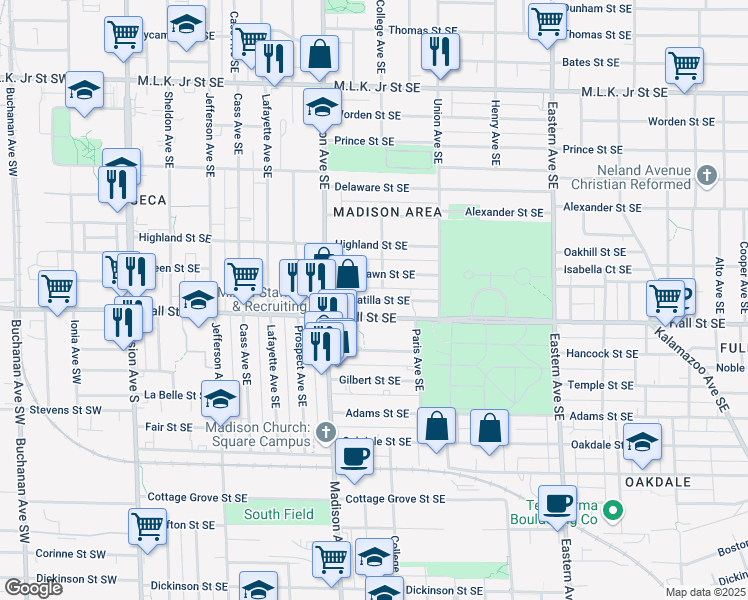 map of restaurants, bars, coffee shops, grocery stores, and more near 449 Umatilla Street Southeast in Grand Rapids