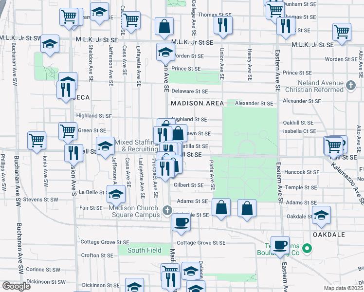map of restaurants, bars, coffee shops, grocery stores, and more near 433 Umatilla Street Southeast in Grand Rapids