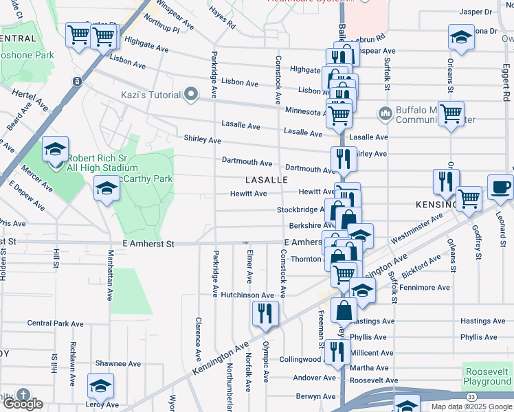 map of restaurants, bars, coffee shops, grocery stores, and more near 192 Stockbridge Avenue in Buffalo
