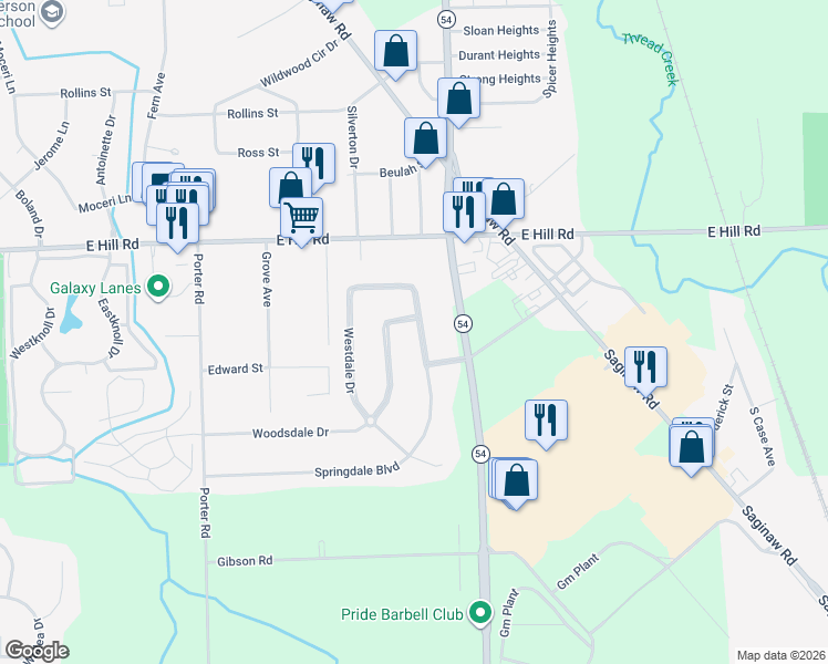 map of restaurants, bars, coffee shops, grocery stores, and more near 6085 Springdale Boulevard in Grand Blanc