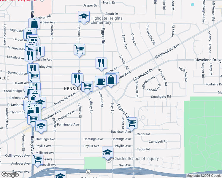 map of restaurants, bars, coffee shops, grocery stores, and more near 1440 Kensington Avenue in Buffalo