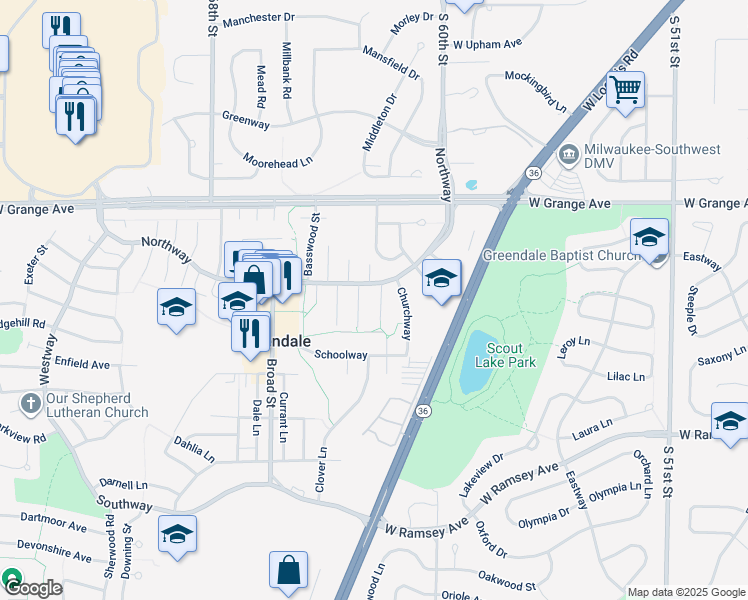 map of restaurants, bars, coffee shops, grocery stores, and more near 5607 Badger Court in Greendale