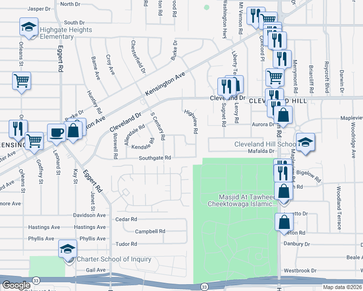 map of restaurants, bars, coffee shops, grocery stores, and more near 34 Furlong Road in Buffalo