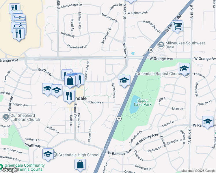 map of restaurants, bars, coffee shops, grocery stores, and more near 5607 Badger Court in Greendale