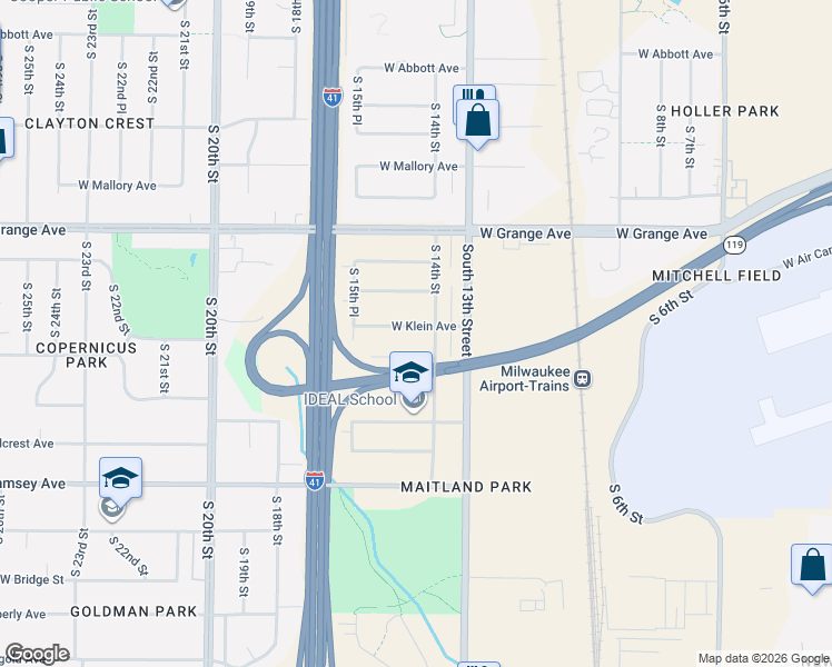 map of restaurants, bars, coffee shops, grocery stores, and more near 1421 West Klein Avenue in Milwaukee
