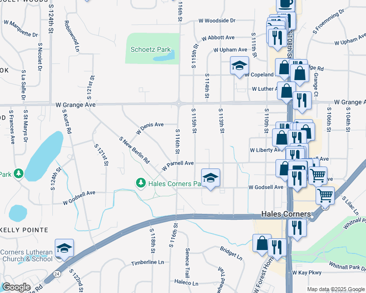 map of restaurants, bars, coffee shops, grocery stores, and more near 5620 South 116th Street in Hales Corners