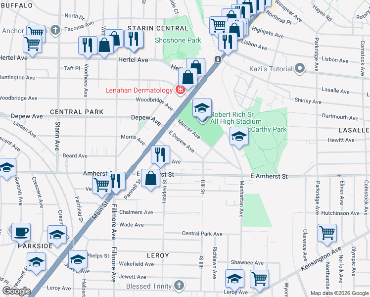 map of restaurants, bars, coffee shops, grocery stores, and more near 72 East Depew Avenue in Buffalo