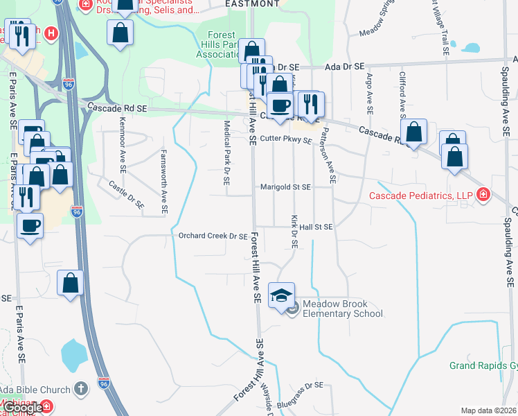 map of restaurants, bars, coffee shops, grocery stores, and more near 1148 Forest Hill Avenue Southeast in Grand Rapids