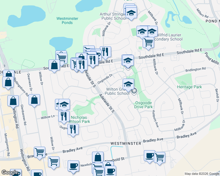 map of restaurants, bars, coffee shops, grocery stores, and more near 711 Osgoode Drive in London