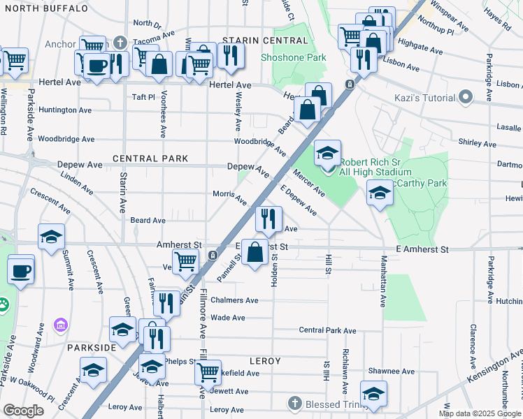 map of restaurants, bars, coffee shops, grocery stores, and more near 2763 Main Street in Buffalo