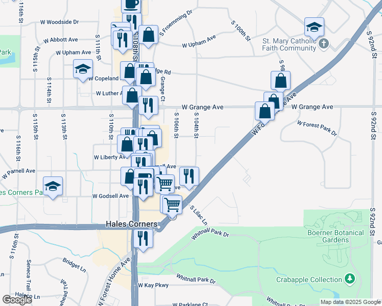 map of restaurants, bars, coffee shops, grocery stores, and more near 5637 South 104th Street in Hales Corners