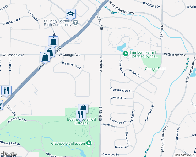 map of restaurants, bars, coffee shops, grocery stores, and more near 5657 South 92nd Street in Hales Corners