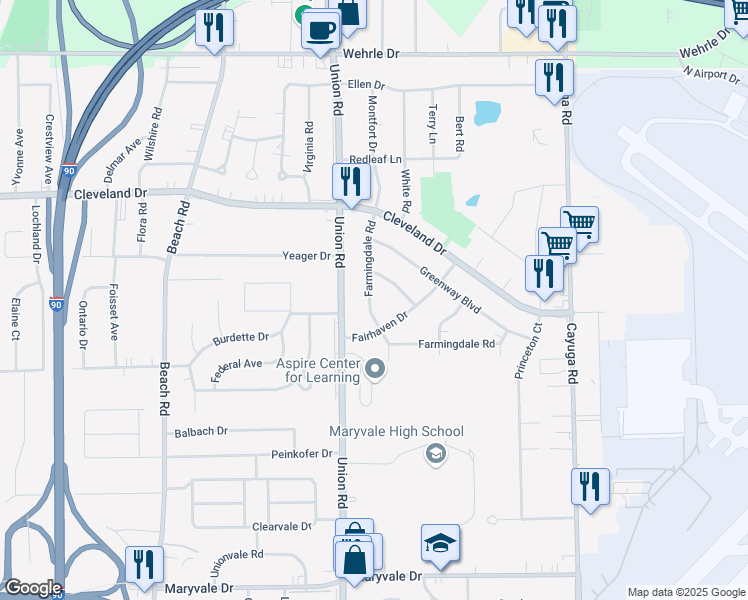 map of restaurants, bars, coffee shops, grocery stores, and more near 178 Farmingdale Road in Buffalo