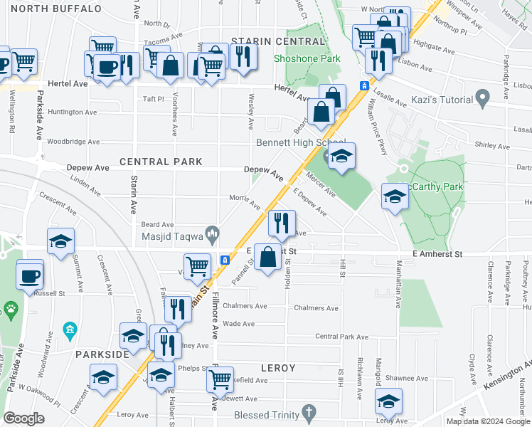 map of restaurants, bars, coffee shops, grocery stores, and more near Main St & Morris Ave in Buffalo