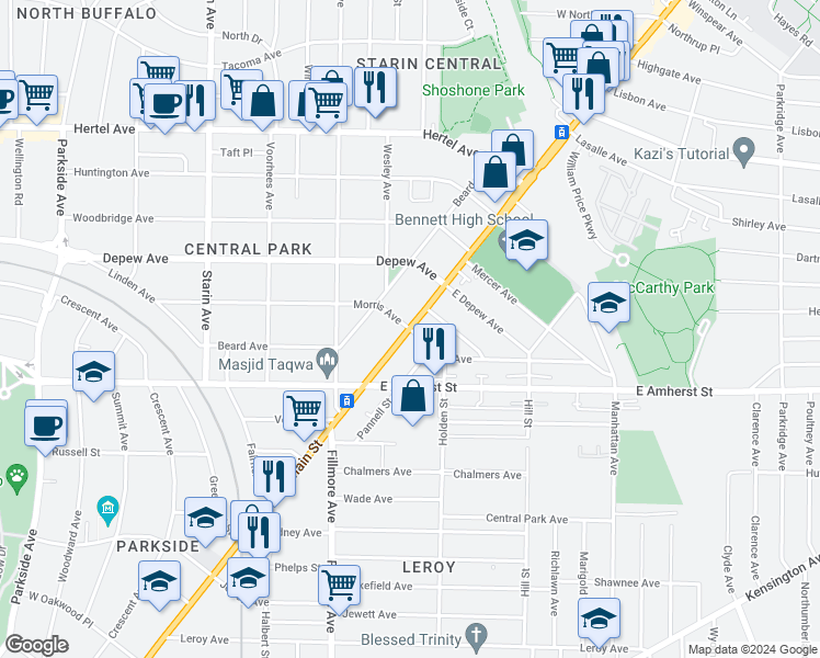 map of restaurants, bars, coffee shops, grocery stores, and more near Morris Avenue & New York State Bicycle Route 517 in Buffalo