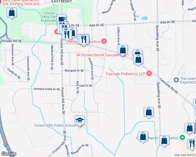 map of restaurants, bars, coffee shops, grocery stores, and more near 4840 Burrwood Street Southeast in Grand Rapids