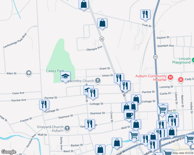 map of restaurants, bars, coffee shops, grocery stores, and more near 30 Union Street in Auburn