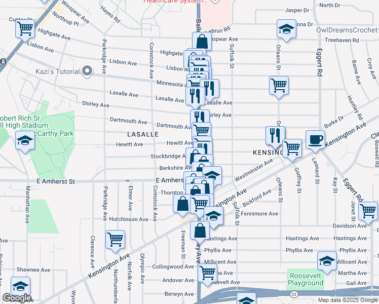 map of restaurants, bars, coffee shops, grocery stores, and more near 316 Stockbridge Ave in Buffalo